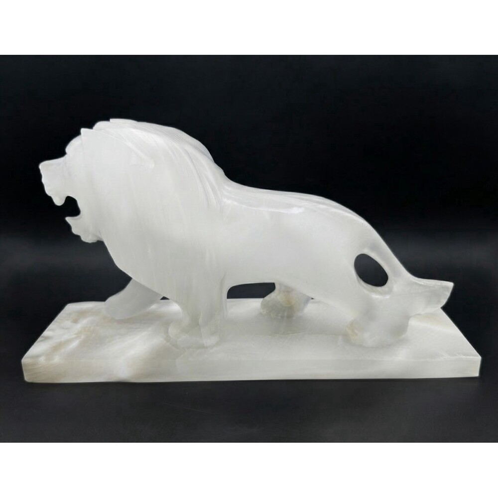 Vintage Large Hand Carved White Alabaster Onyx Lion Figurine 11"